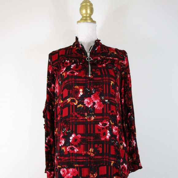 Asos Red Black Floral Plaid Long Sleeve Midi Dress 8 - Picture 2 of 13